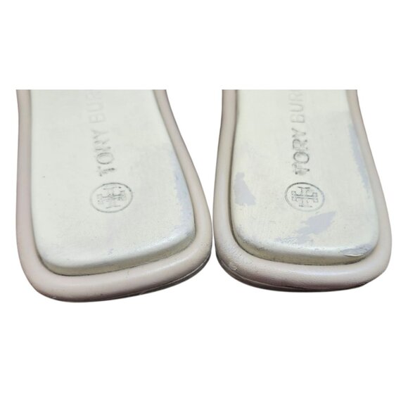 Tory Burch Women Leather Slide Sandals Double T Logo Beige Cream Flat Slip On 10 - Picture 9 of 12
